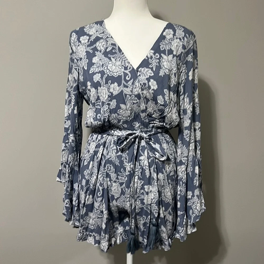 Vici Blue Floral Wrap Romper